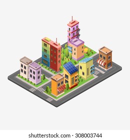 Isometric skyscrapers and office buildings, houses, roads, and parks. Set vector isometrics landmarks. Isolated buildings for your design. Flat vector.