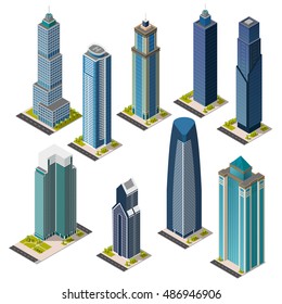 Isometric skyscrapers and office buildings, houses, roads, and park. Set vector landmarks. Isolated buildings. Flat vector.