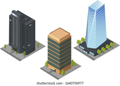 Isometric skyscrapers, roads, and trees. Set of buildings and modern apartments. Vector isolated  illustration, 3D