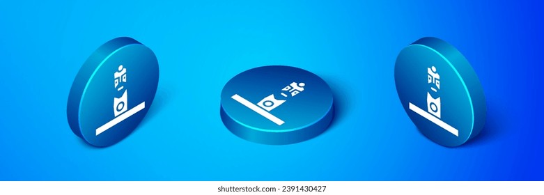 Isometric Slavic pagan idol icon isolated on blue background. Antique ritual wooden idol. Blue circle button. Vector