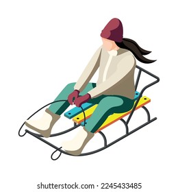 Isometric sledding woman on white background 3d vector illustration