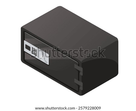 Isometric sleek black lockbox with a digital keypad on the front. Modern, compact and secure. Rectangular shape with sharp edges. Smooth dark surface. Vector illustration isolated on white background