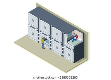 Caja de saltos isométrica. Pods durmientes, Casas de Cápsulas Espaciales Durmiendo. Gente durmiente en Smart Capsule Hotel.