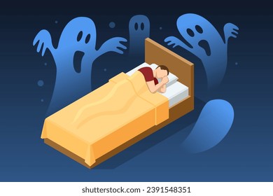 Isometric sleeping man has nightmares. Horrible dream. Stress and night terrors