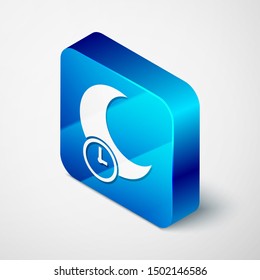 Isometric Sleeping moon icon isolated on white background. Blue square button. Vector Illustration