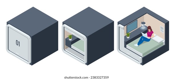 Casas de Cápsulas Espaciales Isométricas. Gente durmiente en Smart Capsule Hotel. Caja de descanso.
