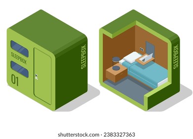 Casas de Cápsulas Espaciales Isométricas. Gente durmiente en Smart Capsule Hotel. Caja de descanso.