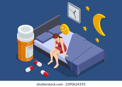 Isometric sleepy exhausted woman lying in bed, can not sleep. Insomnia. Sleeping pills, alarm clock, pillow. Frustrated woman in bed suffering insomnia