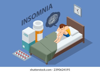 Isometric sleepy exhausted woman lying in bed, can not sleep. Insomnia. Sleeping pills, alarm clock, pillow. Frustrated woman in bed suffering insomnia