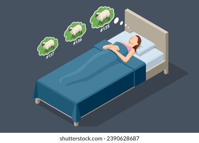 Isometric sleepy exhausted woman lying in bed, can not sleep. Insomnia. Tired woman lying in bed and counting sheep to fall asleep. Frustrated woman in bed suffering insomnia