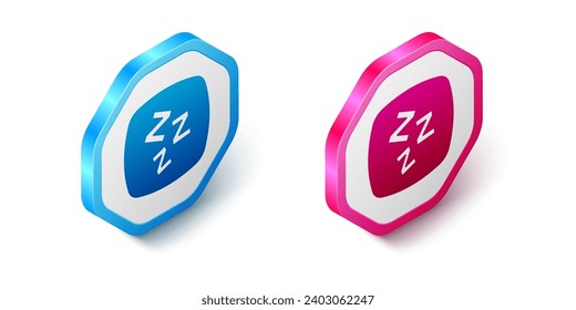 Isometric Sleepy icon isolated on white background. Sleepy zzz talk bubble. Hexagon button. Vector