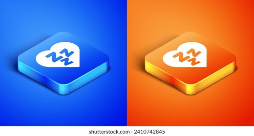 Isometric Sleepy icon isolated on blue and orange background. Sleepy zzz black talk bubble. Square button. Vector