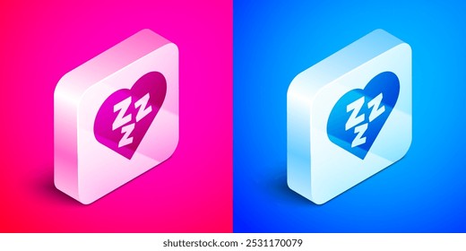 Isometric Sleepy icon isolated on pink and blue background. Sleepy zzz black talk bubble. Silver square button. Vector