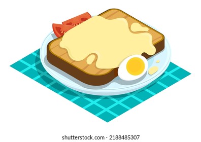 Isometrische Scheibe Brot mit geschmolzenem Käse, Butter und Tomaten auf dem Teller. Leckeres Frühstück. Vektorgrafik einzeln auf weißem Hintergrund
