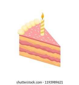 Isometric slice of delicious cake with burning candle. Tasty birthday dessert. Sweet food. Vector element for postcard