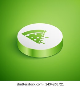 Isometric Slice of pizza icon isolated on green background. White circle button. Vector Illustration 