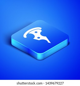 Isometric Slice of pizza icon isolated on blue background. Fast food menu. Blue square button. Vector Illustration