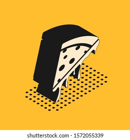 Isometric Slice of pizza icon isolated on yellow background.  Vector Illustration