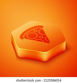 Isometrische Slice von Pizza Symbol einzeln auf orangefarbenem Hintergrund. Schnelles Essen. Orangefarbene Hexagon-Taste. Vektorgrafik