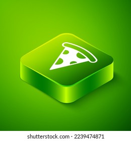 Isometric Slice of pizza icon isolated on green background. Fast food menu. Green square button. Vector