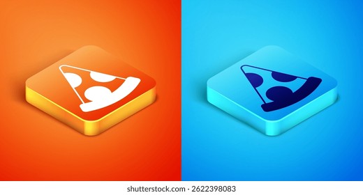 Isometric Slice of pizza icon isolated on orange and blue background. Fast food menu.  Vector