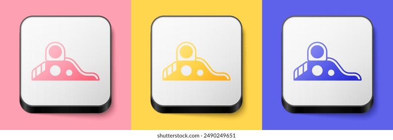 Isometric Slide playground icon isolated on pink, yellow and blue background. Childrens slide. Square button. Vector