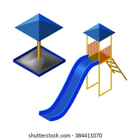 Isometric slide and sandbox for children to playing Vector illustration