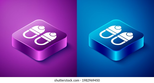 Icono de Zapatillas isométricas aisladas en fondo azul y púrpura. Señal de los flops de giro. Botón cuadrado. Vector