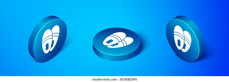 Isometric Slippers icon isolated on blue background. Flip flops sign. Blue circle button. Vector