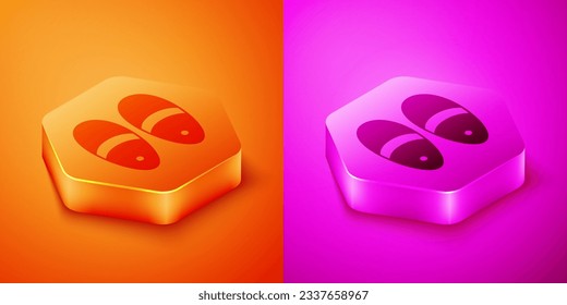 Isometric Slippers icon isolated on orange and pink background. Flip flops sign. Hexagon button. Vector