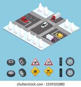 Isometric slippery, ice, winter, snow road and cars. Caution Snow. Winter Driving and road safety. Urban transport.