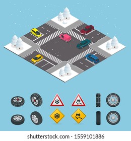 Isometric slippery, ice, winter, snow road and cars. Caution Snow. Winter Driving and road safety. Urban transport.