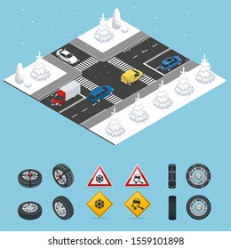 Isometric slippery, ice, winter, snow road and cars. Caution Snow. Winter Driving and road safety. Urban transport.