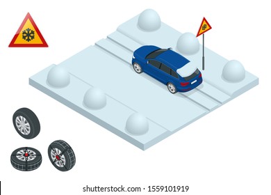 Isometric slippery, ice, winter, snow road and cars. Caution Snow. Winter Driving and road safety. Urban transport. Chains snow on the wheel