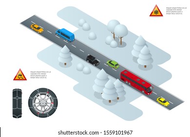 Isometric slippery, ice, winter, snow road and cars. Caution Snow. Winter Driving and road safety. Urban transport. Chains snow on the wheel