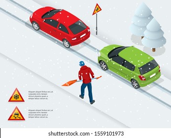 Isometric slippery, ice, winter, snow road and cars. Caution Snow. Winter Driving and road safety. Urban transport.