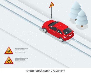 Isometric slippery, ice, winter, snow road and cars. Caution Snow. Winter Driving and road safety. Urban transport.