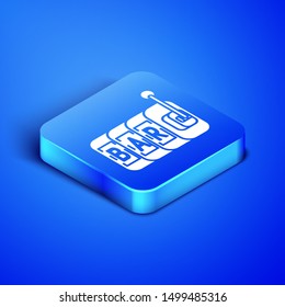 Isometric Slot machine icon isolated on blue background. Blue square button. Vector Illustration