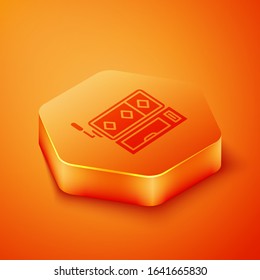 Isometric Slot machine icon isolated on orange background. Orange hexagon button. Vector Illustration