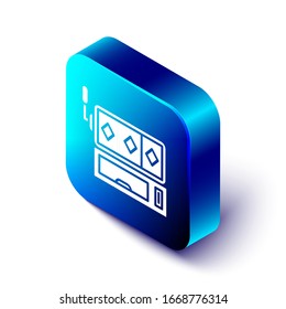 Isometrisches Slotmaschinensymbol einzeln auf weißem Hintergrund. Blauer Quadrat-Knopf. Vektorillustration-Illustration