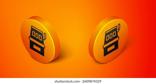 Isometric Slot machine icon isolated on orange background. Orange circle button. Vector