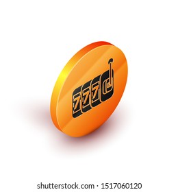 Isometric Slot machine with lucky sevens jackpot icon isolated on white background. Orange circle button. Vector Illustration