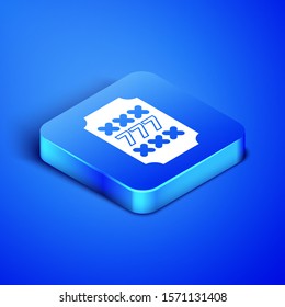 Isometric Slot machine with lucky sevens jackpot icon isolated on blue background. Blue square button. Vector Illustration