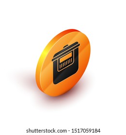 Isometric Slow cooker icon isolated on white background. Electric pan. Orange circle button. Vector Illustration
