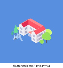 Isometric small apartment house flat illustration. Condo yard with trees and playground