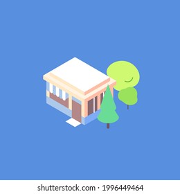 Isometric small business building flat illustration. Shop or cafe with blue striped awning and trees around