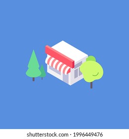 Isometric small business building flat illustration. Shop or cafe with red striped awning and trees around