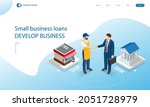 Isometric small business loan form financial concept. Shop that get loans from bank without collateral