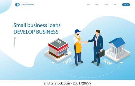 Isometric Small Business Loan Form Financial Concept. Shop That Get Loans From Bank Without Collateral