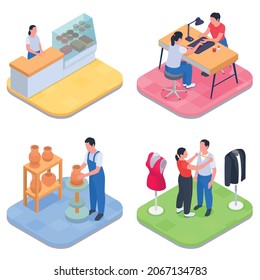 Isometric Small Business Owner Family Business Icon Set Salesperson In Pastry Shop Manicurist Seamstress In Atelier And Potter Vector Illustration